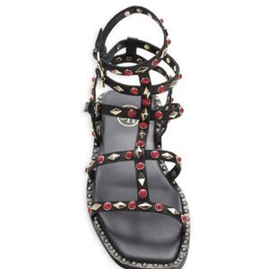 ASH Marrakech Red & Gold Studded Black Leather Gladiator Sandals, Sz 39/ 9, $225